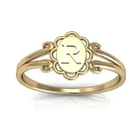 Gold ring with ornate oval monogram setting and an engraved “R” centerpiece