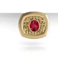 Gold ring with a red oval gemstone and geometric lattice design