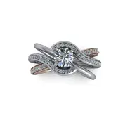 Silver and rose gold intertwined ring with a round diamond center