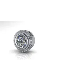 Silver jeweled ring with a round clear gemstone on a white background