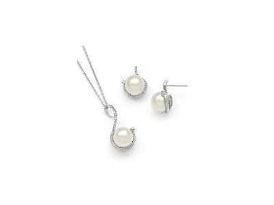 Pearl jewelry set with a necklace, bracelet, and matching earrings on a white background