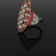 Red and silver jeweled ring with oval floral design on black background