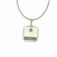 Gold necklace with a square pendant showing a stylized sun over a striped landscape