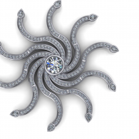 Silver swirl diamond brooch with curved tendrils and a round center stone