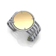 Silver ring with a large round pale yellow stone and ribbed band on a white background