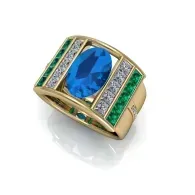 Gold ring with a large blue gemstone and green-and-clear stone accents
