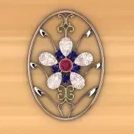 Oval jeweled brooch with blue, white, and red floral design on a gold background