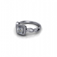 Silver ring with a square diamond-studded setting and twisted band on a white background