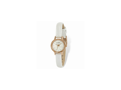 White wristwatch with a gold bezel and white strap on a plain background