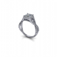 Silver engagement ring with a raised square halo and ornate band on a white background