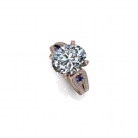 Diamond ring with a large round center stone and rose gold accents on a white background