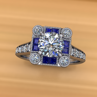 Silver ring with a central diamond and blue gemstone accents on a wooden background