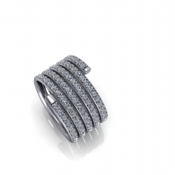 Silver multi-band ring with rows of sparkling stones on a white background