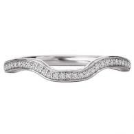 Curved silver diamond-studded ring with a wave design on a white background
