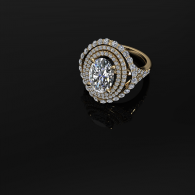 Gold ring with oval diamond and halo setting on a black background