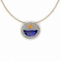 Gold necklace with round blue gemstone pendant and small orange accent stones