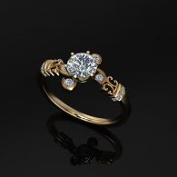 Gold ring with a large central diamond and small side stones on a black background