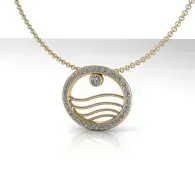Gold necklace with circular pendant featuring wavy lines and a small gemstone accent