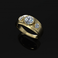 Gold ring with a large central diamond and smaller side stones on a black background
