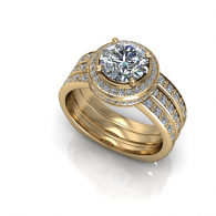 Gold diamond halo ring with a central round stone and pavé bands on a white background