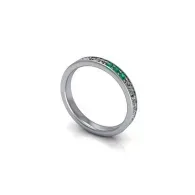 Silver ring with a row of green gemstones on a white background