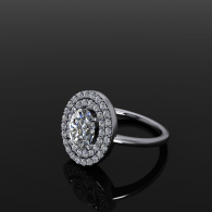 Diamond halo ring with oval center stone on a dark reflective background