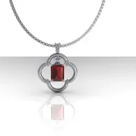 Silver necklace with a silver clover pendant and a rectangular red gemstone center