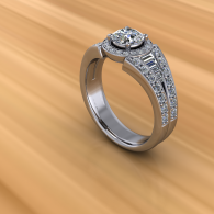 Silver diamond engagement ring on a warm wood background