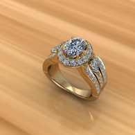 Gold ring with halo-style diamond setting on a warm beige background