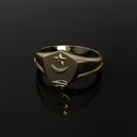 Gold star-emblem ring on a black background, shown with a reflective shadow.