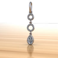 Dangling silver pendant with three circular links and a teardrop-shaped gem on a white background