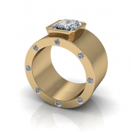 Gold ring with a square diamond setting and small blue gemstones around the band on a white background