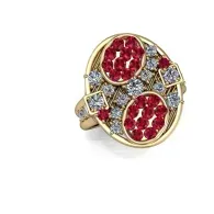 Gold ring with two oval red gemstones and small clear stones in a floral cluster design