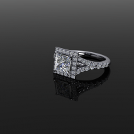 Silver diamond ring with a square center stone on a black reflective background