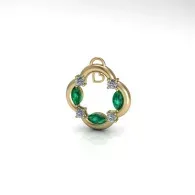 Gold circular pendant with green gemstones and clear accents on a white background