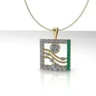 Square pendant necklace with green and silver rhinestones and a gold chain