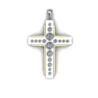 Silver cross pendant with clear rhinestones on a white background