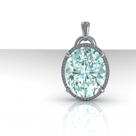 Oval aquamarine pendant with a diamond halo on a silver chain