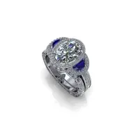 Silver ring with a round clear gemstone and two purple side stones on a white background