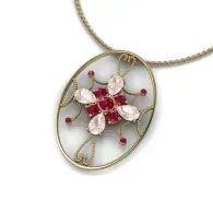 Oval pendant necklace with a pink floral gemstone design on a gold chain