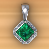 Silver pendant with a square green gemstone framed by small clear stones