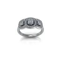 Silver ring with three square, bezel-set decorative stones and filigree detail on a white background
