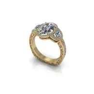Gold ring with three sparkling diamonds on a white background