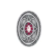 Oval silver pendant with filigree design and a pink gemstone center