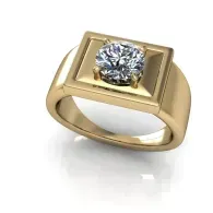 Gold ring with a round clear gemstone in a square setting on a white background