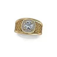 Gold ring with a square diamond setting and textured band on a white background