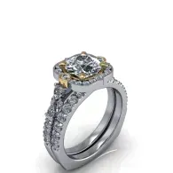 Silver diamond engagement ring with a large round center stone and pave-set band