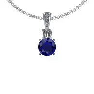 Silver necklace with a round blue gemstone pendant and clear accent stones