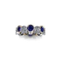 Blue and silver gemstone ring with round stones and a central dark blue gem