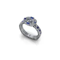 Silver ring with blue gemstones on a white background